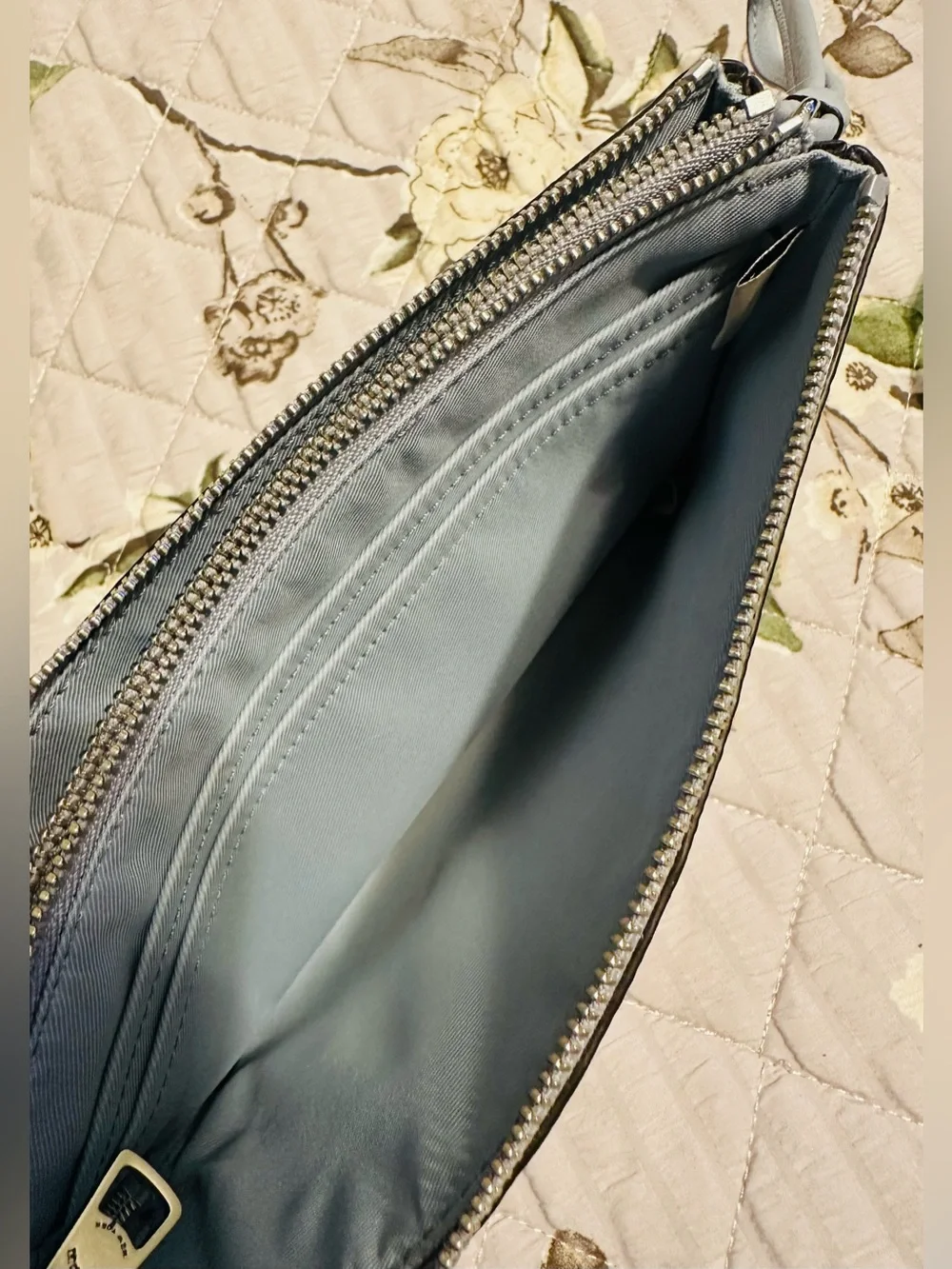 Coach Pale Blue Pebbled Leather Double Pocket Wristlet